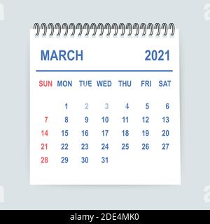 March 2021 Calendar Leaf. Calendar 2021 in flat style. Vector illustration. Stock Vector