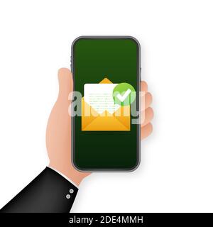 Opened envelope and document with green check mark. Verification email. Vector illustration. Stock Vector