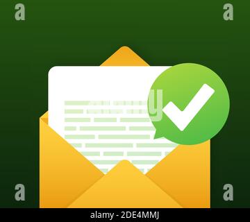 Opened envelope and document with green check mark. Verification email. Vector illustration. Stock Vector