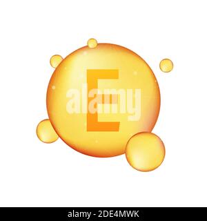 Vitamin E gold shining icon. Ascorbic acid. Vector stock illustration Stock Vector