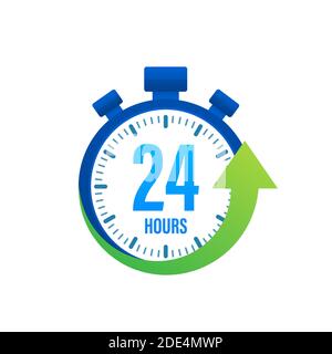 24 hour on blue clock. Online delivery service concept. Service center symbol. Watch, time icon. Vector stock illustration. Stock Vector