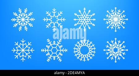 Many white cold flake elements on transparent background. Heavy snowfall, snowflakes in different shapes and forms. Vector stock illustration. Stock Vector