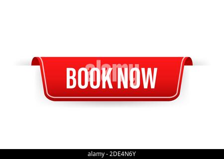 Red ribbon on book now text on white background. Promotion sign. Vector stock illustration. Stock Vector