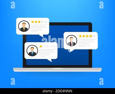 Review rating bubble speeches on laptop illustration, flat style smartphone reviews stars with good and bad rate and text. Stock Vector