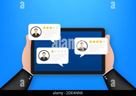 Review rating bubble speeches on tablet illustration, flat style smartphone reviews stars with good and bad rate and text. Stock Vector