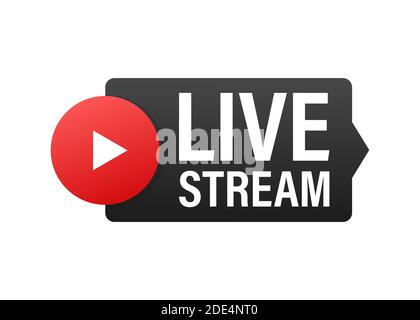 Live stream flat logo - red vector design element with play button. Vector illustration Stock Vector