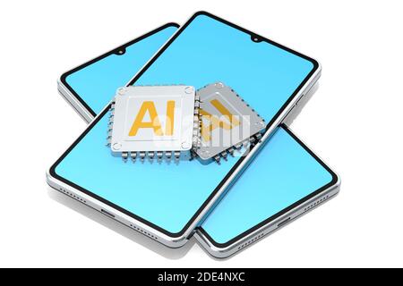 Blue screen smart phone with AI chip, 3d rendering Stock Photo