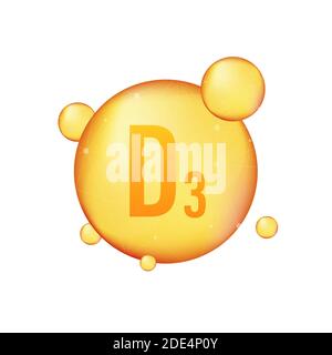 Vitamin D 3 gold shining icon. Ascorbic acid. Vector illustration Stock Vector