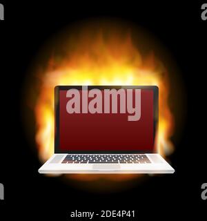 Laptop Damage. Laptop on fire and flames. Computer Repair. Vector stock illustration. Stock Vector