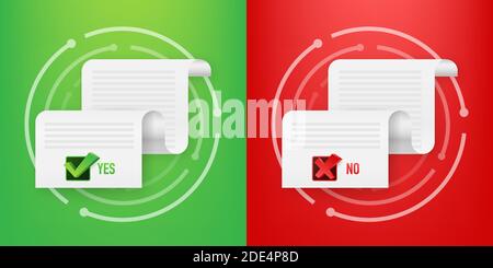Yes No check mark sign on clipboard Lined paper notebook. Vector stock illustration. Stock Vector