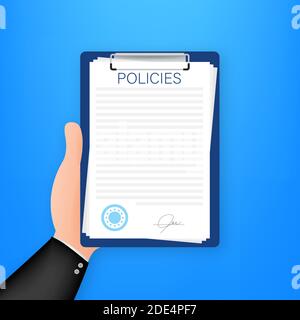 Policies in flat style. Checklist icon. Corporate document. Corporate document. Information reminder. Vector stock illustration. Stock Vector