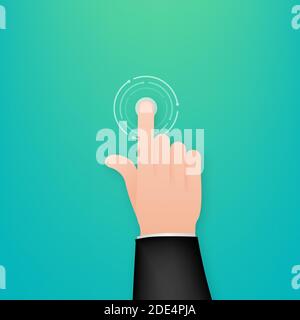 Click hand in flat style. Push touch screen. Hand cursor icon. Finger click icon. Vector stock illustration. Stock Vector