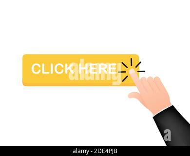 Click here button with hand pointer clicking. Vector stock illustration. Stock Vector