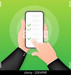 Green check list smartphone. Survey vector illustration. Green tick. Flat check list smartphone for web design. Customer service. Stock Vector