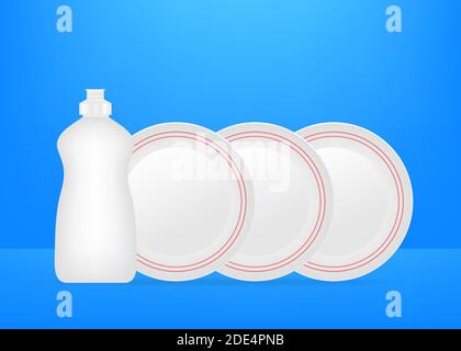 Dishwashing, washing dishes. Dishwashing liquid, dishes and yellow sponge. Vector stock illustration Stock Vector