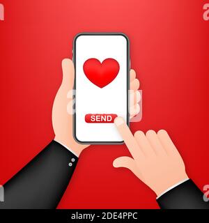 Smartphone hand love. Social network concept. Hand holding mobile phone. Like icon. Mobile internet, social media. Vector stock illustration. Stock Vector