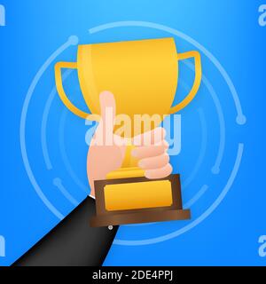 Winning cup in hand. Award bowl. Symbol of success, winning, championship. Vector illustration Stock Vector