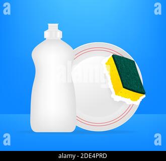 Dishwashing, washing dishes. Dishwashing liquid, dishes and yellow sponge. Vector stock illustration Stock Vector