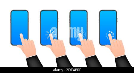 Click smartphone. Empty screen, phone mockup. Device mockup. Cursor icon vector. Hand pointer vector stock illustration. Stock Vector