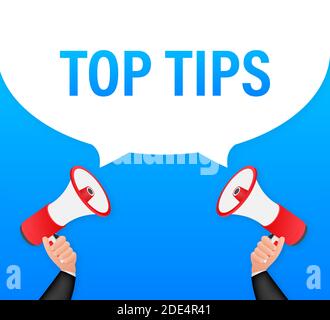 Hand holding megaphone - Top tips. Vector illustration. Stock Vector