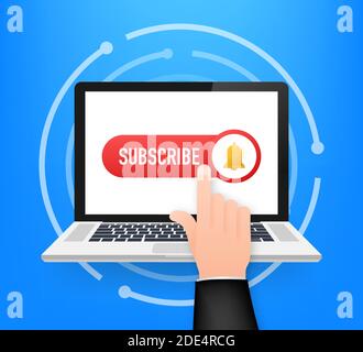 Subscribe Button Template with the notification bell on laptop. News subscribe button. Business concept subscribe. Vector illustration. Stock Vector