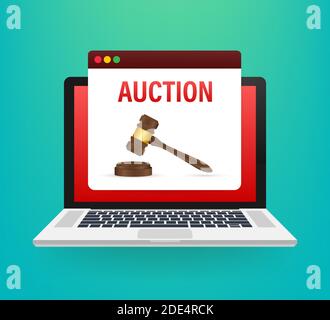 Auction hammer icon in cartoon style isolated on laptop screen. E-commerce symbol stock vector illustration. Stock Vector