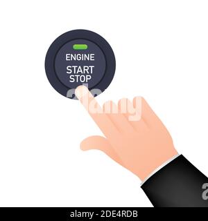 Engine starting and stopping system. Engine start. The person presses the finger on the start and stop button of car motor Stock Vector
