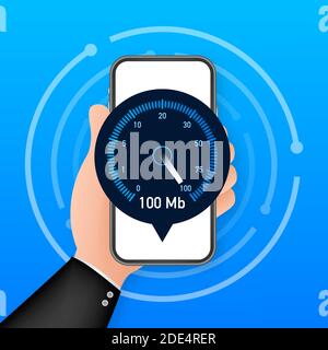 Speed test on smartphone. Speedometer Internet Speed 100 mb. Website speed loading time. Vector illustration. Stock Vector