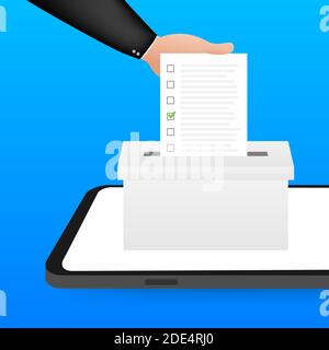 Hand puts vote bulletin into vote box. Voting concept. Ballot box. Vector stock illustration. Stock Vector