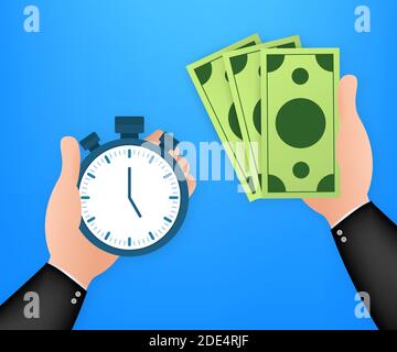 Timer hand and money. Business management. Stopwatch icon vector. Fast money. Time management. Vector stock illustration. Stock Vector