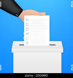 Hand puts vote bulletin into vote box. Voting concept. Ballot box. Vector stock illustration. Stock Vector