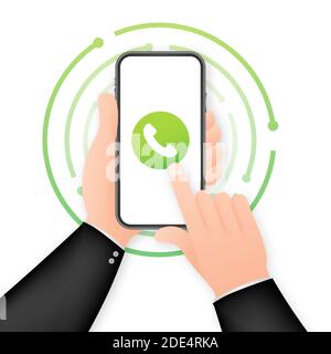 Smartphone with incoming call on display. Hand holding smartphone, finger touching screen. Vector stock illustration. Stock Vector