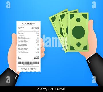 Receipt icon in a flat style isolated on a colored background. Invoice sign. Bill atm template or restaurant paper financial check Stock Vector