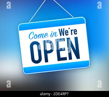 Come in we re open hanging sign on white background. Sign for door. Vector stock illustration. Stock Vector