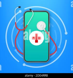 Online docton smartphone for medical design. Health care, medicine service hospital doctor. Healthcare, medicine. Vector stock illustration. Stock Vector