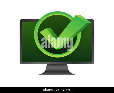 Computer with checkmark or tick notification in bubble. Approved choice. Accept or approve checkmark. Vector illustration. Stock Vector