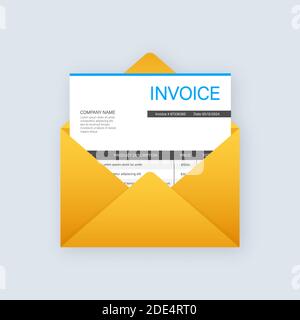 Invoice icon vector, email message received with bill document, flat style open envelope with invoice paper blank Stock Vector