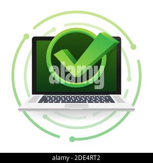 Laptop with checkmark or tick notification in bubble. Approved choice. Accept or approve checkmark. Vector illustration. Stock Vector