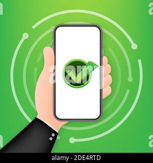 Smartphone with checkmark or tick notification in bubble. Approved choice. Accept or approve checkmark. Vector stock illustration. Stock Vector