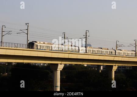 A picture of indian metro train with selective focus Stock Photo