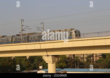 A picture of indian metro train with selective focus Stock Photo