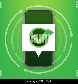 Smartphone with checkmark or tick notification in bubble. Approved choice. Accept or approve checkmark. Vector stock illustration. Stock Vector