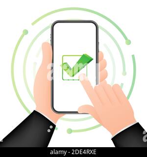 Smartphone with checkmark or tick notification in bubble. Approved choice. Accept or approve checkmark. Vector stock illustration. Stock Vector
