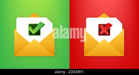 Two envelope with approved and rejected letters. Mail icon. Vector illustration. Stock Vector