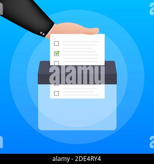 Hand puts vote bulletin into vote box. Voting concept. Ballot box. Vector stock illustration. Stock Vector