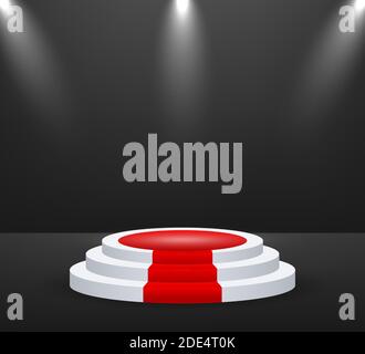 Stage for awards ceremony. Podium with red carpet. Pedestal. Spotlight. Vector illustration. Stock Vector
