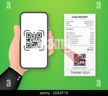 Hand holding smartphone to scan qr code on paper for detail. Vector stock illustration. Stock Vector