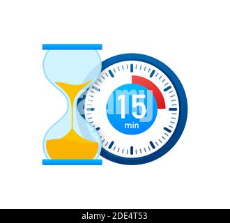 The 15 minutes, stopwatch vector icon. Stopwatch icon in flat style, timer on on color background. Vector illustration. Stock Vector