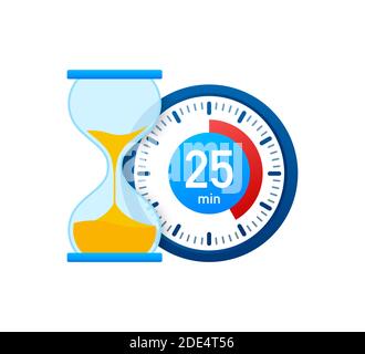The 25 minutes, stopwatch vector icon. Stopwatch icon in flat style, timer on on color background. Vector illustration. Stock Vector