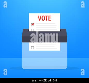 Hand puts vote bulletin into vote box. Voting concept. Ballot box. Vector stock illustration. Stock Vector